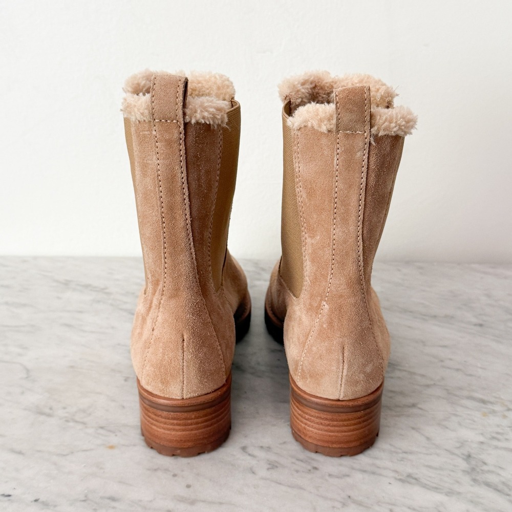 Talbots Suede Faux Fur Lined Chelsea Boots 8.5M Tan Lug Sole Ankle Booties - Picture 5 of 6